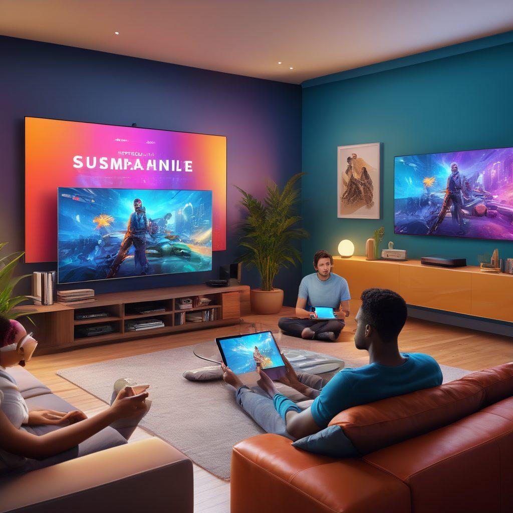 A dynamic scene depicting a diverse group of people engaging with various interactive streaming platforms on multiple devices like tablets, smartphones, and smart TVs. Include vibrant screens showcasing diverse genres, from gaming to films, and holographic elements representing technology's evolution in entertainment. The background should reflect a modern living space that conveys comfort and innovation. super-realistic. vibrant colors. 3D.