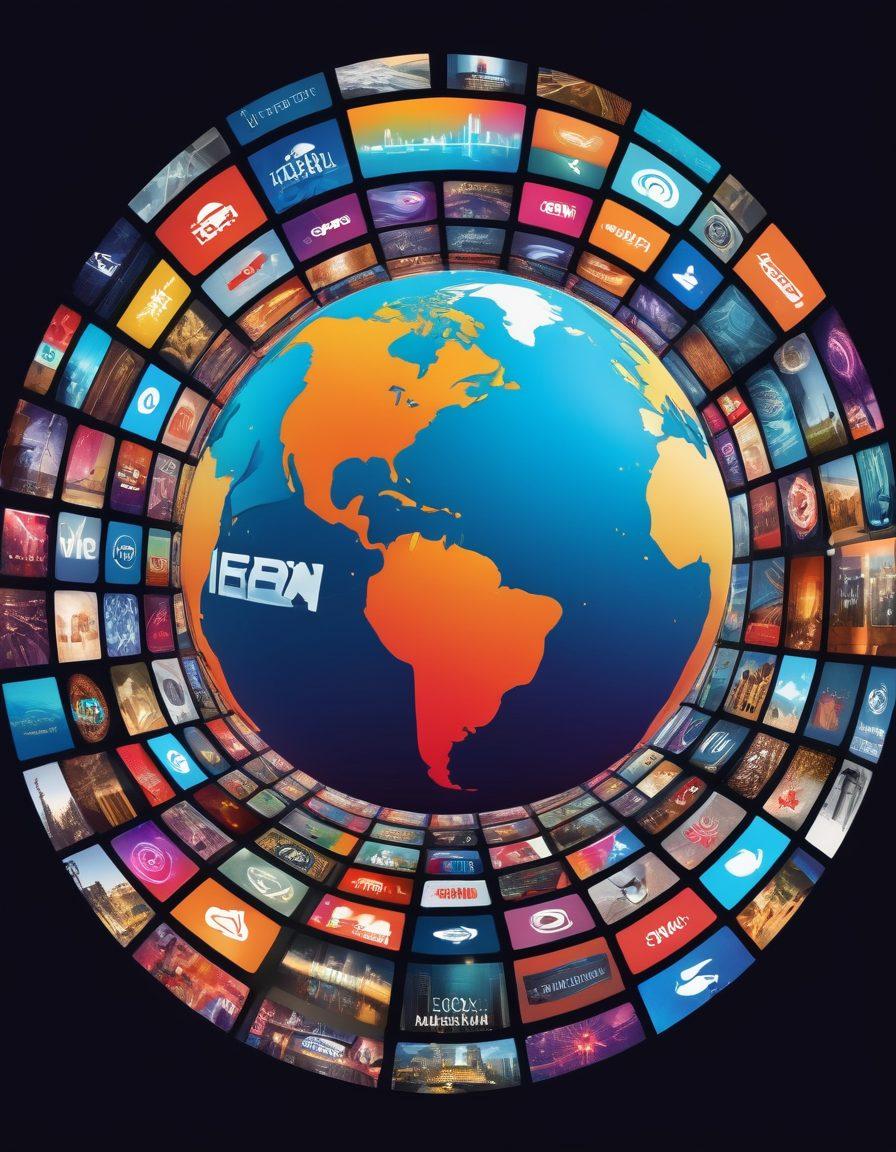 A collage of various streaming platforms' logos, surrounded by a globe composed of digital screens showcasing diverse multimedia content, including movies, music, and podcasts. Include elements like a futuristic cityscape in the background, symbolizing connectivity. Bright and engaging colors to attract viewers. vector art. vibrant colors. 3D.
