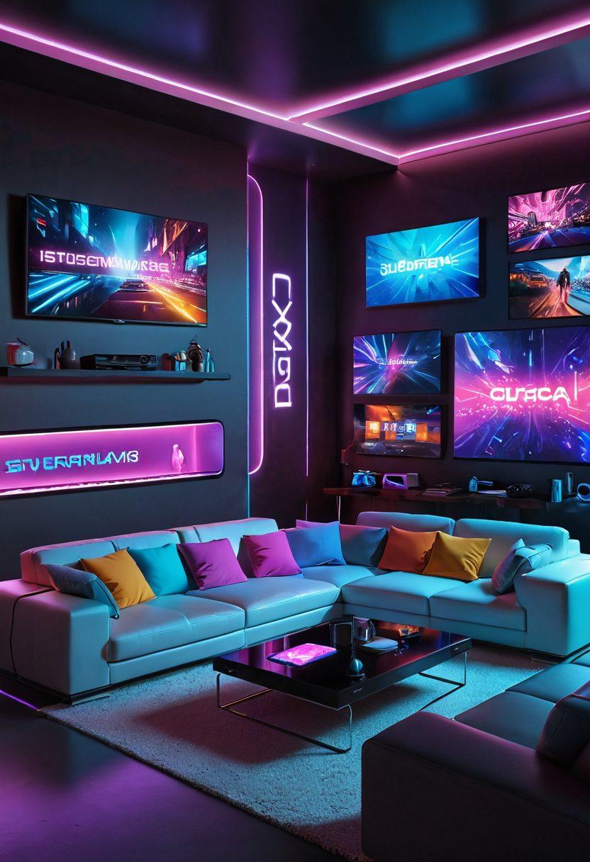 A futuristic living room filled with advanced streaming technology, showcasing various screens displaying popular streaming platforms. Include a stylish couch with a glowing coffee table, surrounded by colorful holographic media displays. The space should have a vibrant, tech-savvy atmosphere, with digital elements hinting at upcoming trends in entertainment. Emphasize a sleek and modern design. cyberpunk. vibrant colors. 3D.